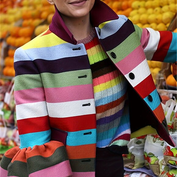 Rainbow Stripe Jacket Lapel Collar Three-quarter Sleeves with Ruffle - Picture 3 of 9